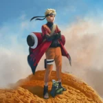 Naruto Uzumaki standing on rocky hill with cloak and blue sky anime wallpaper