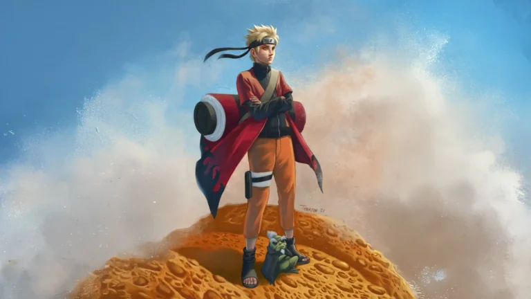 Naruto Uzumaki standing on rocky hill with cloak and blue sky anime wallpaper