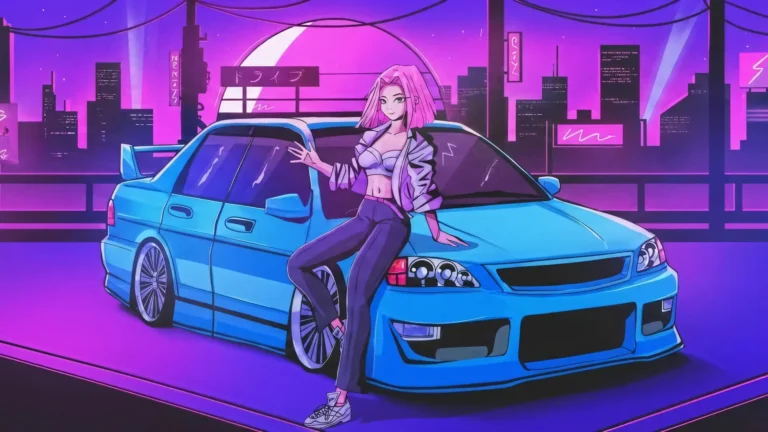 anime girl leaning on blue car in neon city with pink purple lights cyberpunk street style wallpaper