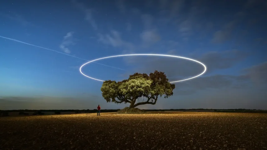 tree in open field under night sky with glowing circular light ring above surreal landscape wallpaper