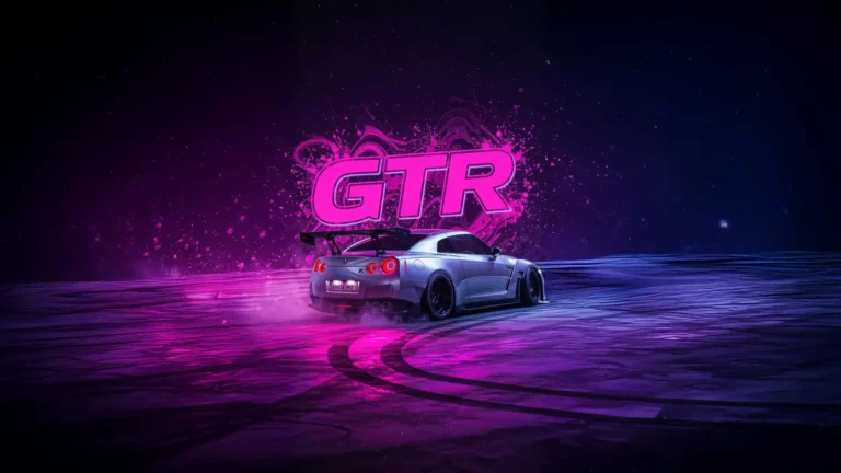 nissan gtr drifting in neon pink light with glowing tire marks and graffiti background jdm racing wallpaper
