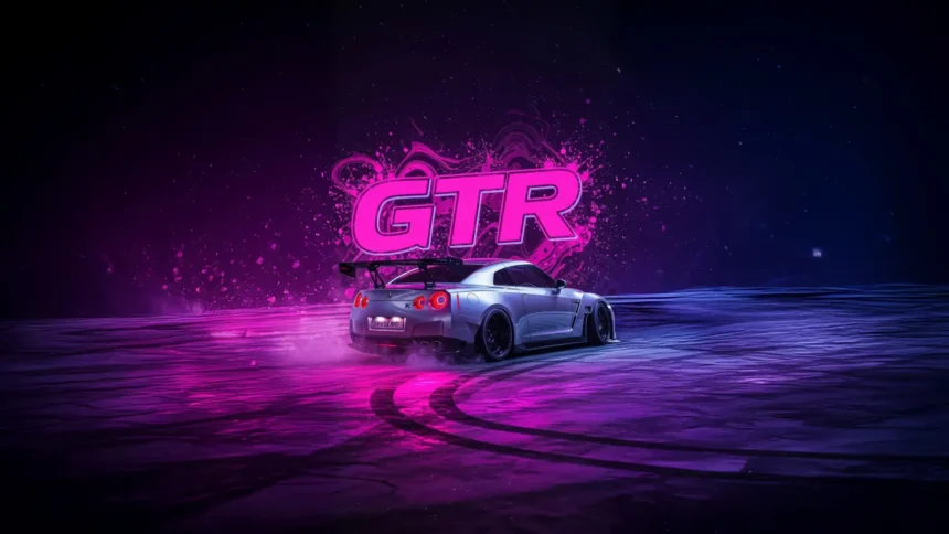 nissan gtr drifting in neon pink light with glowing tire marks and graffiti background jdm racing wallpaper