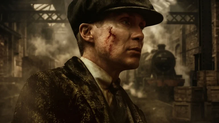 Tommy Shelby in Peaky Blinders with scar on face in smoky industrial train yard cinematic wallpaper