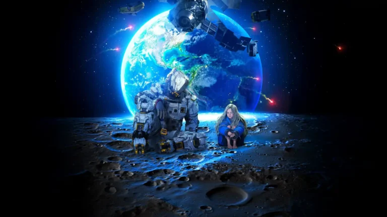 astronaut sitting with girl on moon surface with earth in background futuristic space scene wallpaper