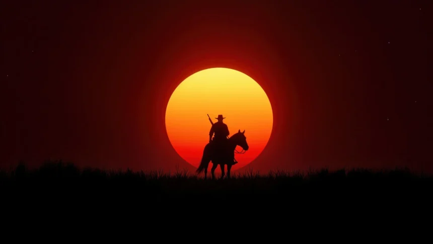 cowboy on horse silhouette against large red sunset horizon wild west landscape wallpaper