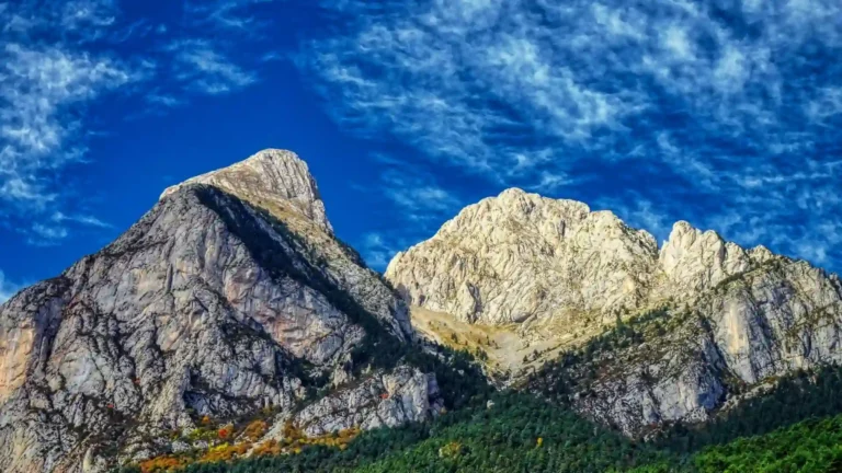 rocky mountain peaks with forest and blue sky landscape wallpaper