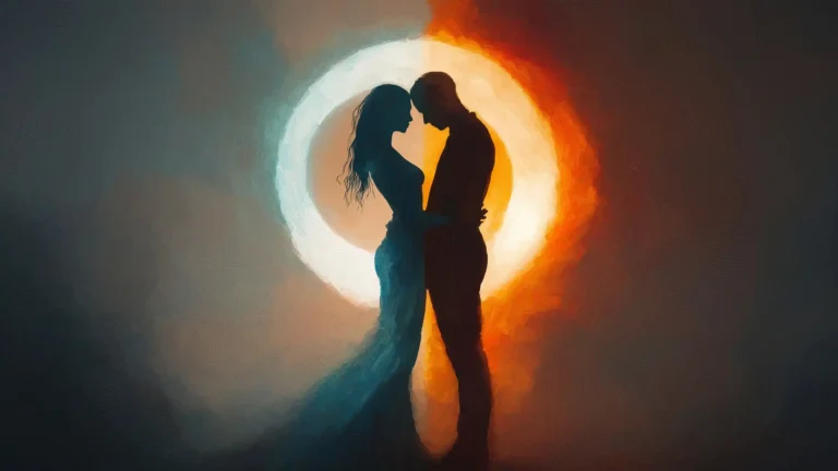 romantic couple silhouette under glowing solar eclipse with warm orange light wallpaper