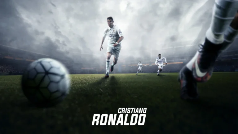 cristiano ronaldo running toward football in intense stadium match scene wallpaper
