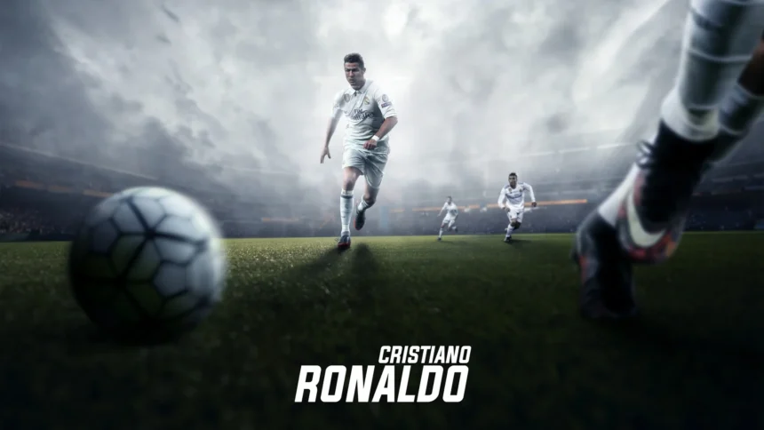 cristiano ronaldo running toward football in intense stadium match scene wallpaper