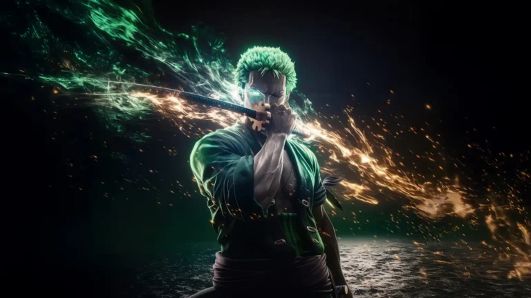 roronoa zoro green aura sword one piece anime glowing katana power 4k wallpaper