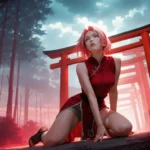 sakura haruno red shrine forest with torii gates misty anime wallpaper