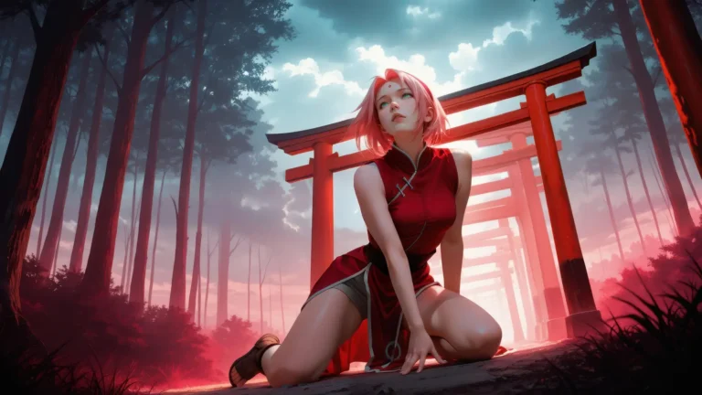 sakura haruno red shrine forest with torii gates misty anime wallpaper