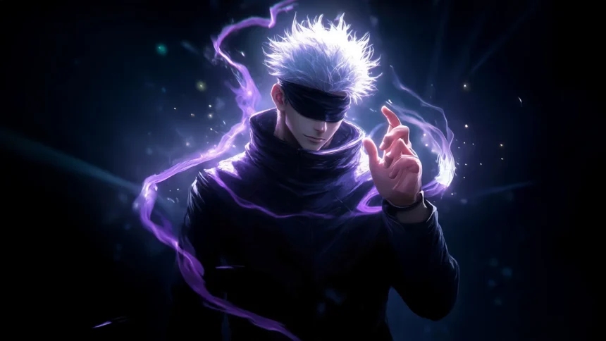 satoru gojo hollow purple energy glow with dark background anime wallpaper