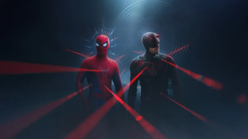 spider man and daredevil red radar beams dark marvel heroes standoff wallpaper