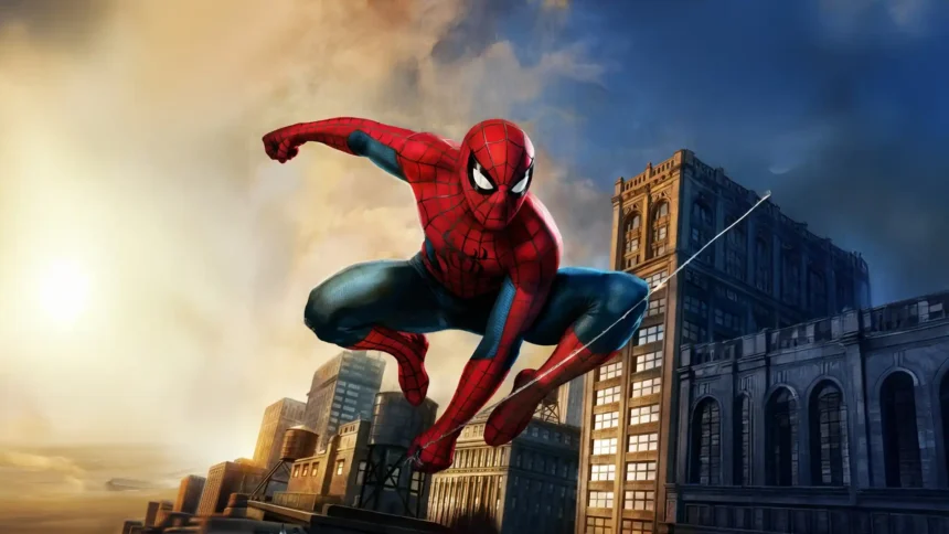 spider man jumping across city buildings with web swing action pose golden hour marvel wallpaper