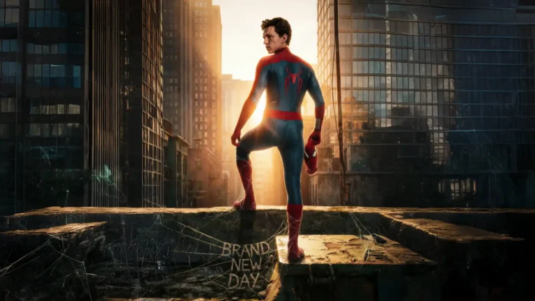 spider man standing on rooftop overlooking city at sunrise brand new day wallpaper