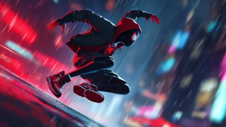 Miles Morales Spider Man jumping in neon rain with motion blur and glowing city lights action wallpaper