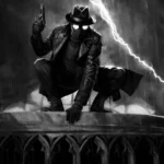 spider noir crouching in rain with lightning black and white dark comic wallpaper