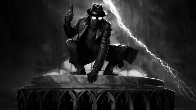 spider noir crouching in rain with lightning black and white dark comic wallpaper