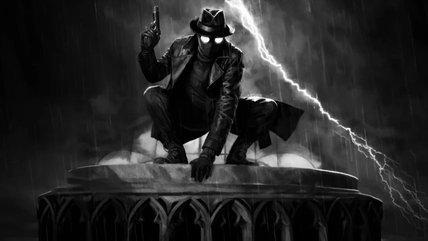 spider noir crouching in rain with lightning black and white dark comic wallpaper