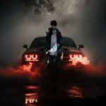 sung jin woo dark aura standing in front of srt demon car glowing headlights night anime wallpaper