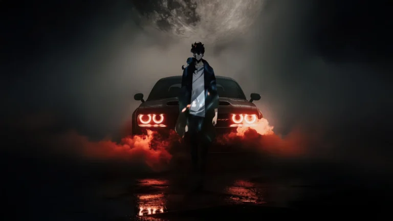 sung jin woo dark aura standing in front of srt demon car glowing headlights night anime wallpaper