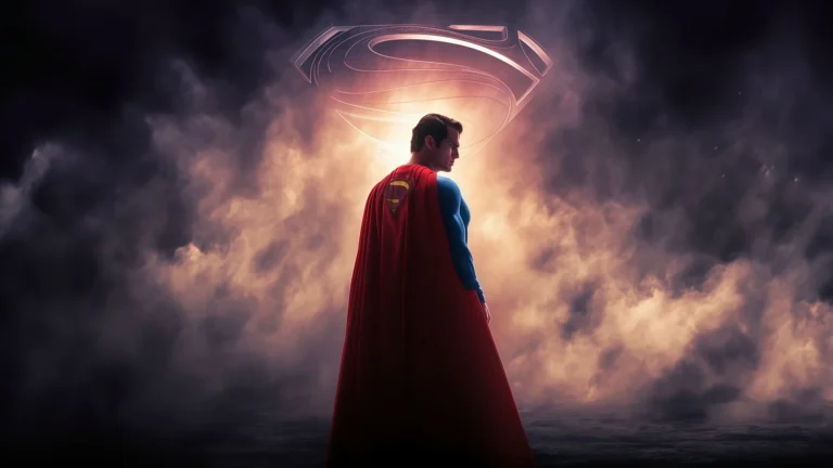 superman standing with glowing man of steel symbol behind in cinematic smoke lighting dc superhero wallpaper