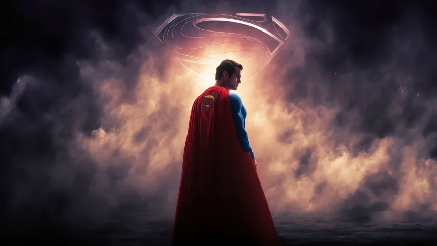 superman standing with glowing man of steel symbol behind in cinematic smoke lighting dc superhero wallpaper