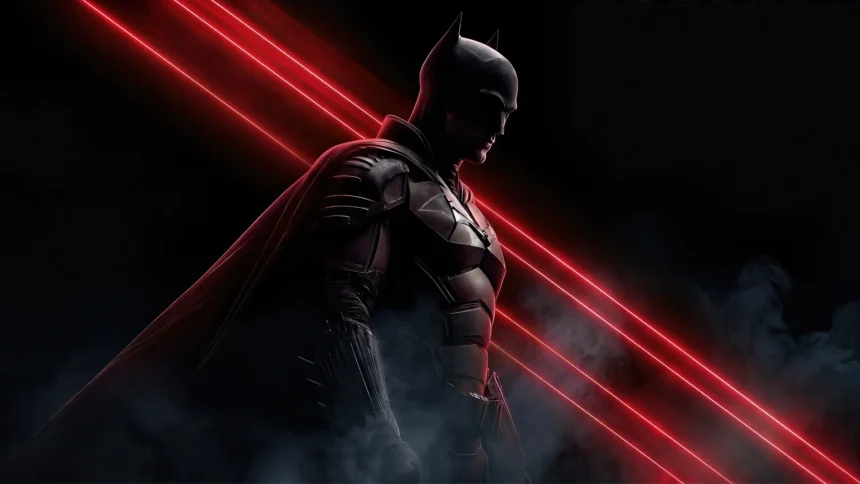 batman dark knight silhouette with red laser lights smoke cinematic superhero wallpaper