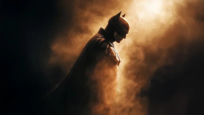 the batman standing in dark smoky light with cinematic shadows and glowing background wallpaper