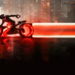 tron ares bike cyber city neon light cycle futuristic rider red trail 4k wallpaper