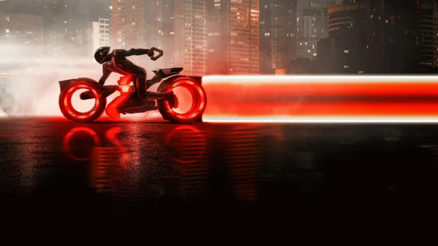 tron ares bike cyber city neon light cycle futuristic rider red trail 4k wallpaper