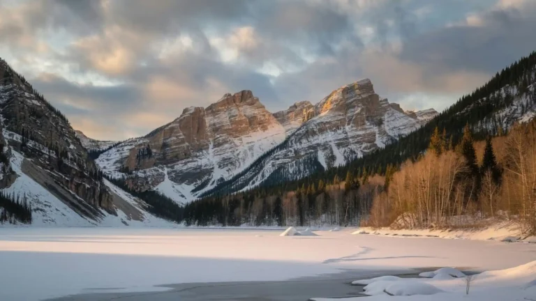 snowy mountain landscape with frozen lake reflection sunrise winter valley wallpaper