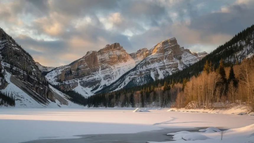snowy mountain landscape with frozen lake reflection sunrise winter valley wallpaper