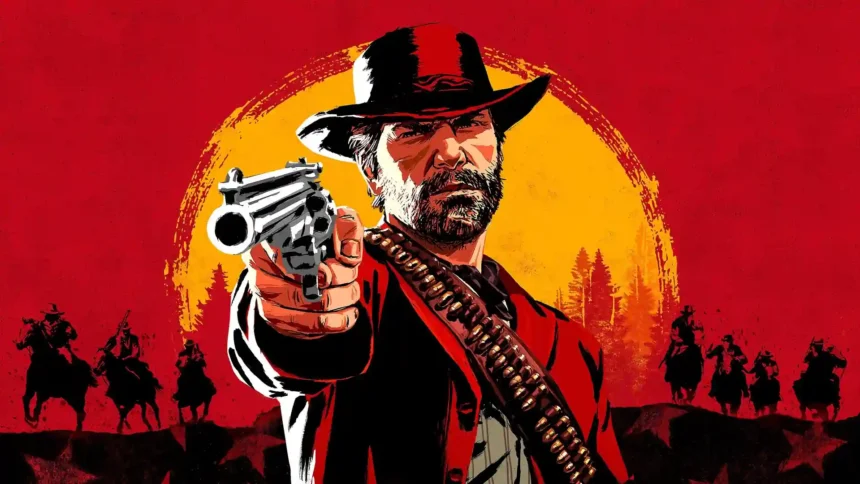 Arthur Morgan aiming revolver in bold red western Red Dead Redemption 2 artwork wallpaper