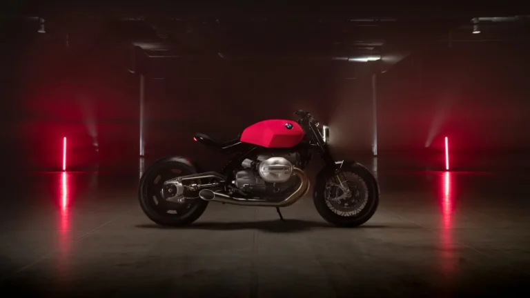 BMW R20 custom cafe racer motorcycle inside dark neon garage wallpaper