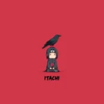 Chibi Itachi Uchiha with Akatsuki cloak and crow on red minimalist background wallpaper