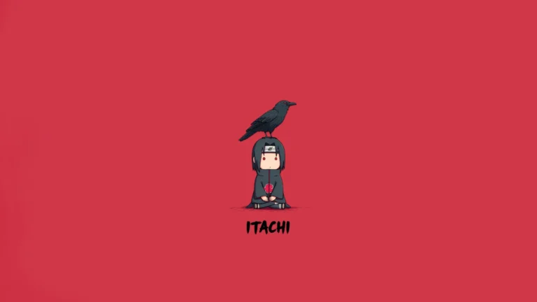 Chibi Itachi Uchiha with Akatsuki cloak and crow on red minimalist background wallpaper