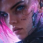 Cyberpunk futuristic girl portrait with neon lighting and cybernetic facial enhancements wallpaper