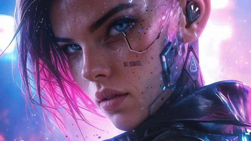 Cyberpunk futuristic girl portrait with neon lighting and cybernetic facial enhancements wallpaper