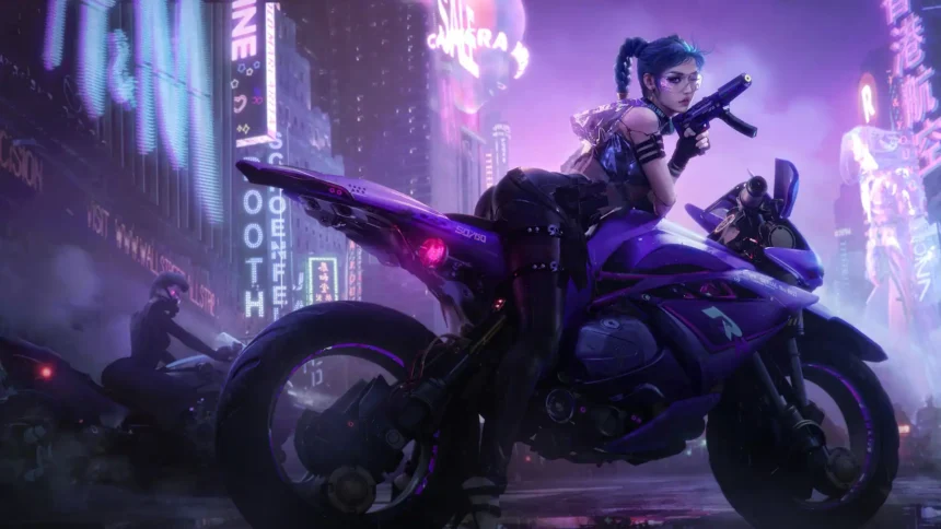 Cyberpunk anime girl sitting on a futuristic neon motorcycle in a rainy sci fi city filled with purple holographic lights wallpaper