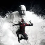 Daredevil Born Again Season 2 artwork featuring Matt Murdock in a red black suit with Kingpin surrounded by dramatic black and white smoke effects UHD wallpaper