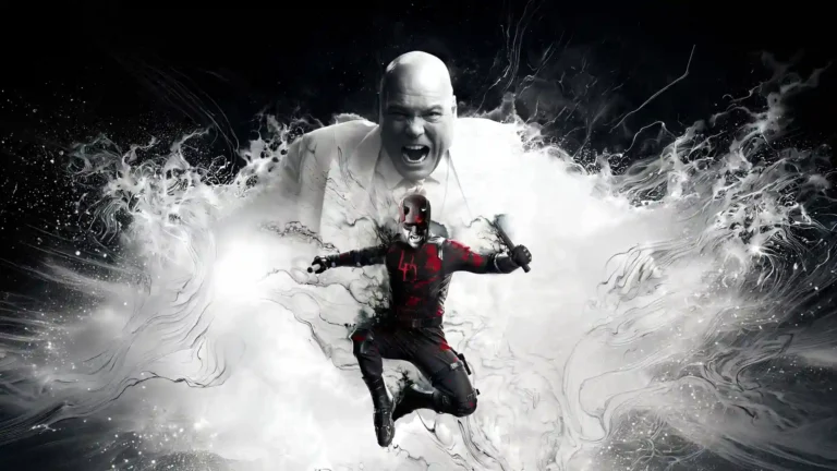 Daredevil Born Again Season 2 artwork featuring Matt Murdock in a red black suit with Kingpin surrounded by dramatic black and white smoke effects UHD wallpaper