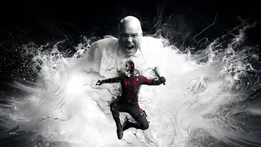 Daredevil Born Again Season 2 artwork featuring Matt Murdock in a red black suit with Kingpin surrounded by dramatic black and white smoke effects UHD wallpaper