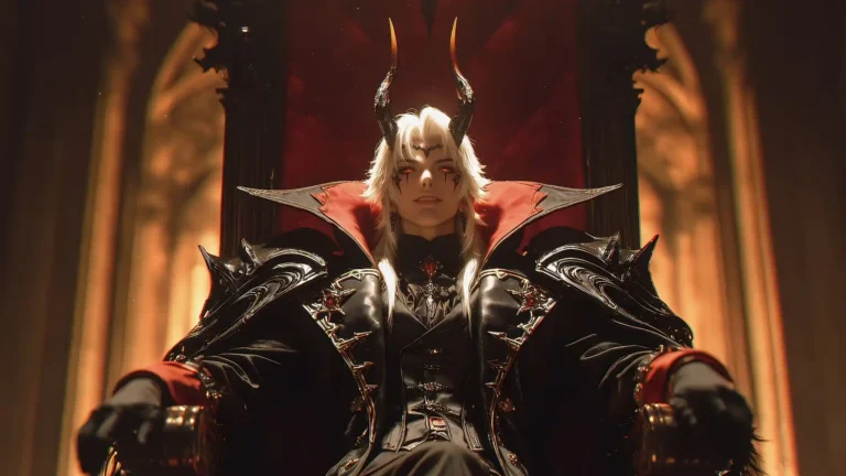 Demon king sitting on dark fantasy throne with glowing red eyes and gothic armor wallpaper