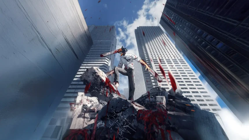 Denji Chainsaw Man standing on destroyed rubble with chainsaw arms in a dramatic city battle scene anime wallpaper
