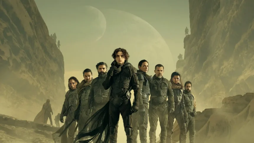 Dune Part 3 movie cast standing together in an epic Arrakis desert canyon with futuristic armor and giant moons in the background wallpaper
