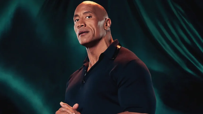Dwayne Johnson cinematic Hollywood portrait with dramatic teal lighting and black outfit wallpaper