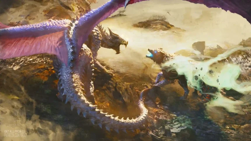 Massive fantasy dragon battling a powerful glowing monster in an epic cinematic battlefield wallpaper