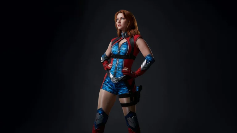 firecracker the boys valorie curry superhero portrait red blue suit confident pose dark background cinematic lighting uhd wallpaper